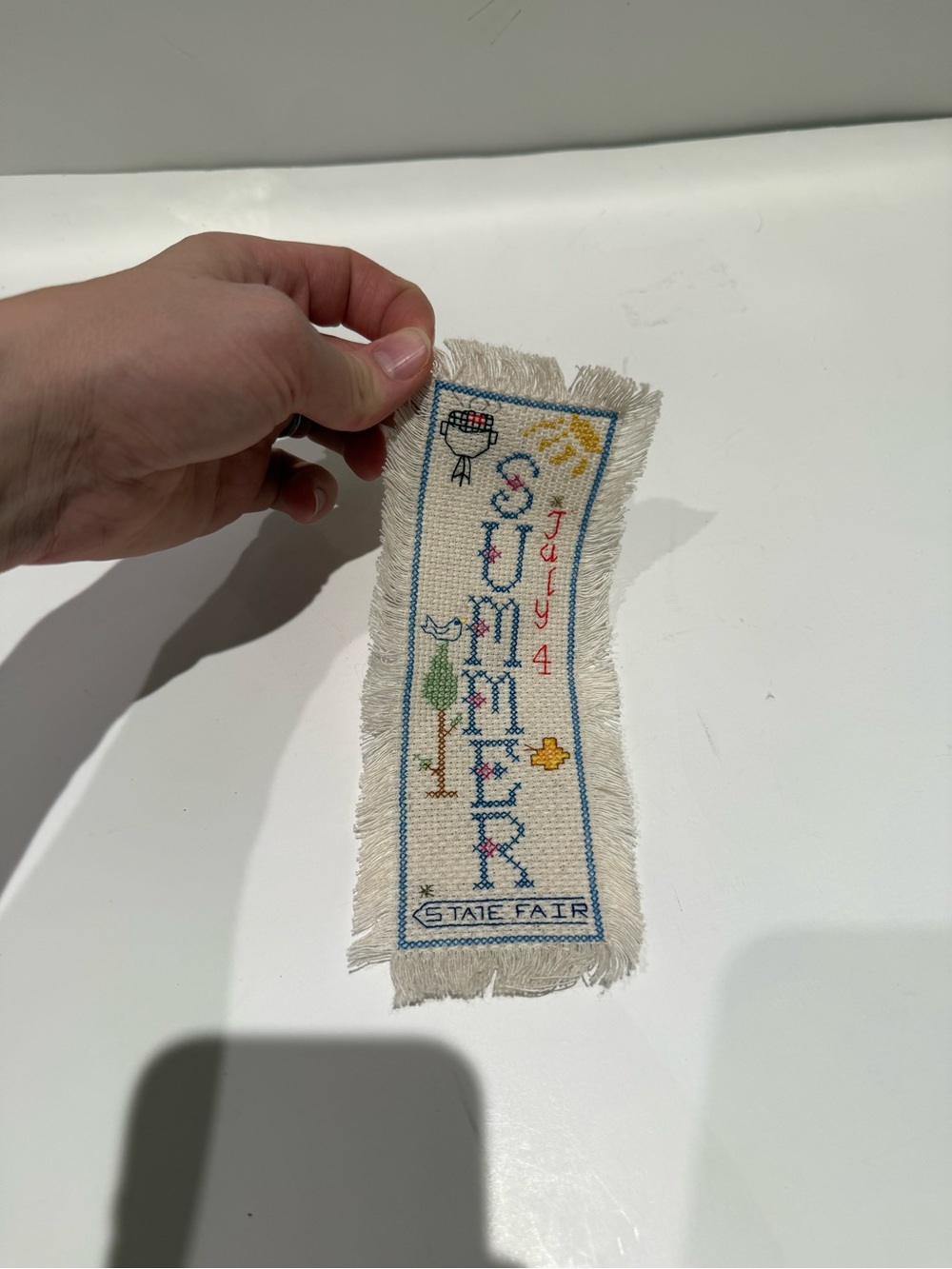 Vintage Hand Cross Stitched Bookmark Summer July 4 State Fair Fringed